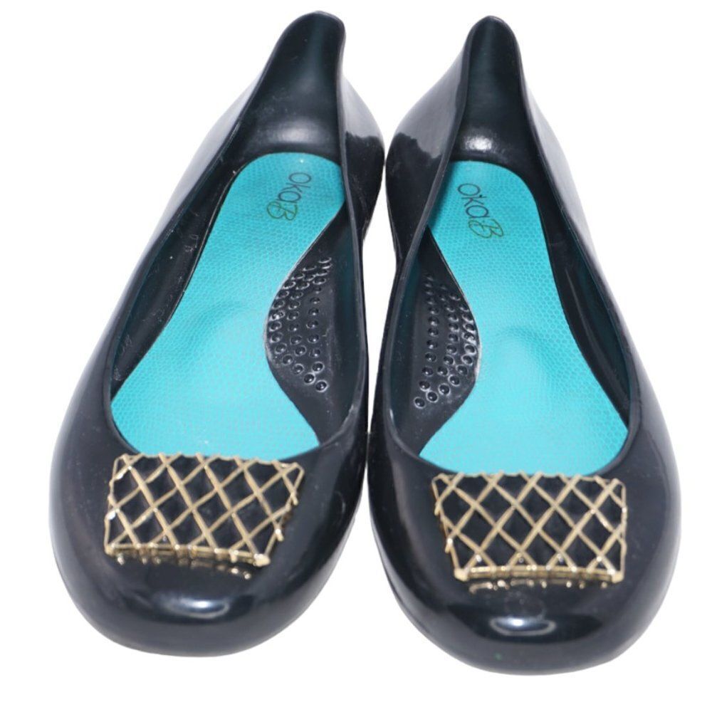 Oka B. Black Round Toe Jelly Ballet Flats, Size 6 / 36